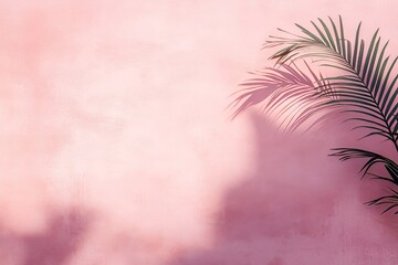 Poster - An abstract pink studio background is prepared for product presentations. Inside, the room is empty and includes shadows of windows, flowers, and palm leaves. This setup is a 3D room meant for copy