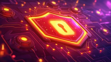 Poster - Digital security shield with a lock symbol on a vibrant circuit background.