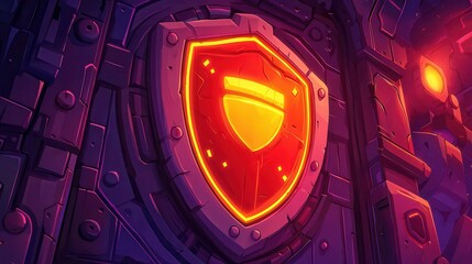 Poster - A vibrant shield emblem set against a textured purple stone background, showcasing a bold design and glowing features.
