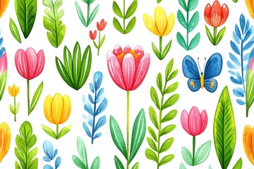 Poster - This is a seamless watercolor flower pattern with rainbows, butterflies, and cute, vibrant spring flowers on a white backdrop. The design uses yellow, coral, green, and blue colors. It’s a magical