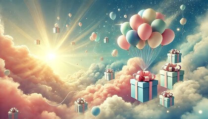 Wall Mural - Sky themed background with clouds and balloons in pastel colors tied to floating gifts, with sunlight streaming through. Generative AI