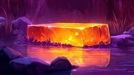 Poster - A glowing amber block reflects in still water surrounded by rocks and foliage in a mystical landscape.