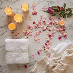 Poster - An overhead shot of a luxury spa setup, featuring aromatic candles, fresh white towels, and petals scattered on a marble surface