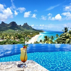 Poster - An Instagrammable shot of an infinity pool overlooking a tropical beach, with a cocktail resting on the pool's edge