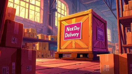 Poster - A vibrant cartoon-style illustration of a large crate labeled 'Next Day Delivery' in a warehouse filled with cardboard boxes.