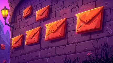 Poster - A colorful illustration of orange envelopes attached to a stone wall with a lantern, set in a cartoon style.