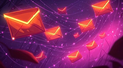 Poster - Colorful animated envelopes floating against a purple background with glowing lights.
