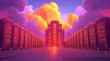 Poster - A vibrant futuristic cityscape with a grand building surrounded by glowing servers under a colorful sky.