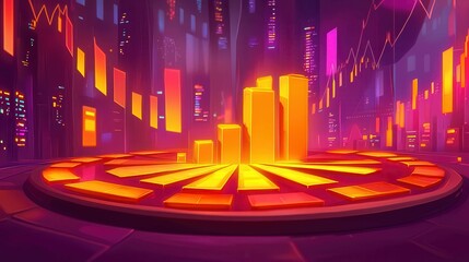 Poster - A vibrant digital cityscape with glowing bar charts, representing data analysis and technology.