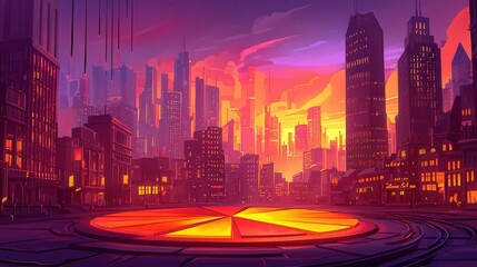 Poster - A vibrant sunset cityscape featuring modern skyscrapers and artistic lighting effects.