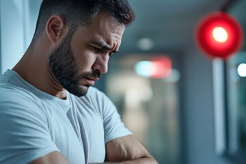 A focused man with a serious expression reflecting on his fitness journey, showcasing iron determination and personal growth in a gym environment bathed in light.