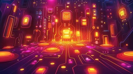 Aufkleber - A vibrant digital landscape filled with glowing circuit patterns and abstract technology elements.