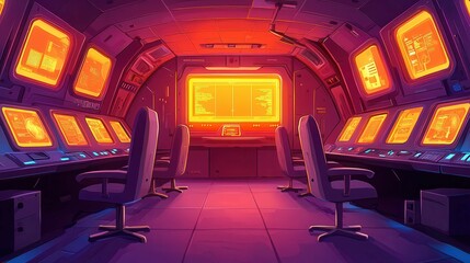Poster - Futuristic control room with glowing screens and chairs in a sci-fi setting.