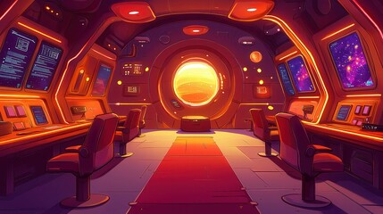 Poster - Futuristic spaceship interior with bright orange lighting and a view of a planet outside.