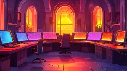 Poster - A vibrant workspace with multiple screens in a stylish room, illuminated by sunset light.