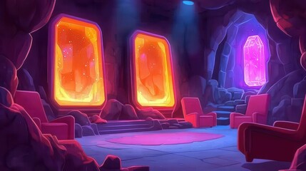 Poster - A vibrant animated cave interior featuring colorful glowing crystals and futuristic seating.