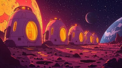 Poster - Futuristic space habitats on an alien landscape, showcasing advanced technology in a vibrant, colorful setting.