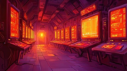 Poster - Futuristic control room with glowing screens and orange lights in a digital environment.