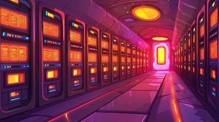 Poster - Futuristic hallway with glowing panels and doors in a science fiction setting.