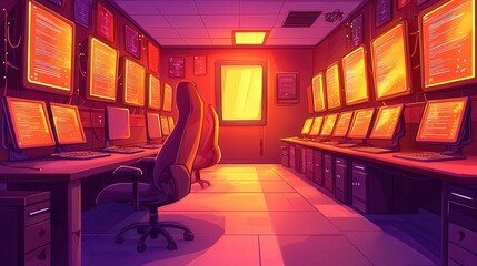 Poster - A vibrant 2D illustration of a tech room with glowing screens, capturing a futuristic workspace atmosphere.