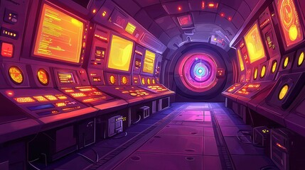 Poster - Futuristic control room with colorful screens and circular portal, designed in a vibrant 2D animation style.
