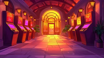 Poster - A vibrant hallway with lanterns and kiosks, featuring a colorful sunset in the background.