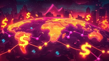 Poster - A vibrant, animated representation of the world with dollar signs, illustrating global finance and economy.