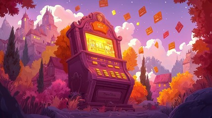 Poster - A whimsical slot machine in a fantasy landscape with flying credit cards and enchanting trees.