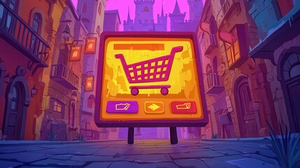 Poster - A vibrant cartoon shopping cart sign in a colorful urban setting with a medieval theme.