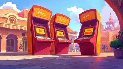 Poster - Three colorful arcade game machines in a vibrant, cartoon-style setting.