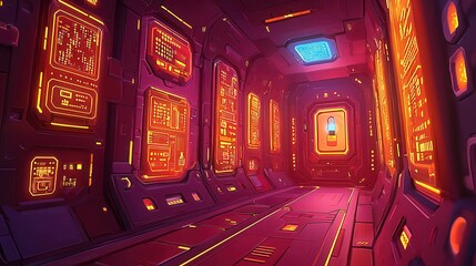 Poster - Futuristic corridor with glowing panels and bright colors in a sci-fi setting.