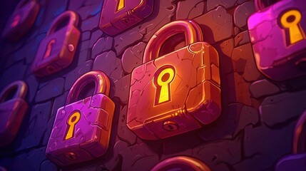 Poster - Colorful locks on a textured wall, featuring artistic designs in purple and orange.