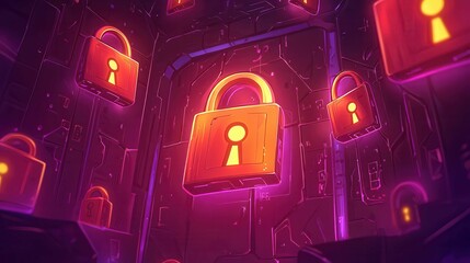 Poster - A colorful digital illustration of glowing locks in a futuristic environment.
