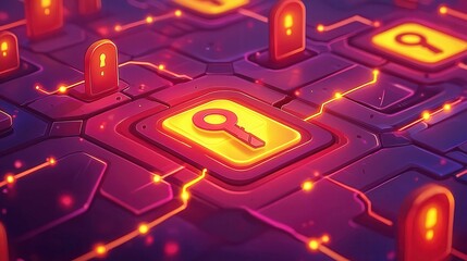Poster - A vibrant and abstract digital security concept featuring a key icon surrounded by glowing locks and circuit pathways.