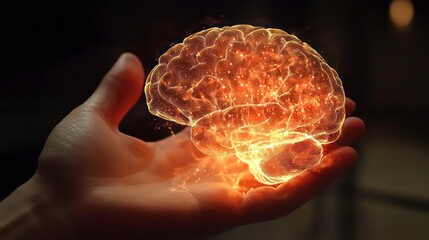 Poster - A hand holds a digital holographic brain, representing the tangible interface of artificial intelligence and cognitive technology in modern times.
