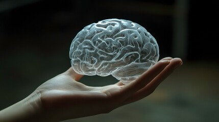 Poster - A hand holds a digital holographic brain, representing the tangible interface of artificial intelligence and cognitive technology in modern times.