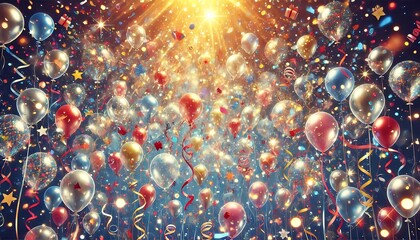 Wall Mural - Bright confetti explosion background with transparent balloons filled with colorful sparkles and tiny birthday messages floating upwards. Generative AI