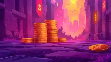 Poster - A vibrant 2D animation of golden coins stacked in a colorful urban background.