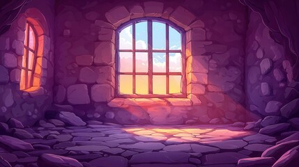 Poster - A beautiful empty room with a window showing a sunset view, featuring warm light coming through the stone walls.