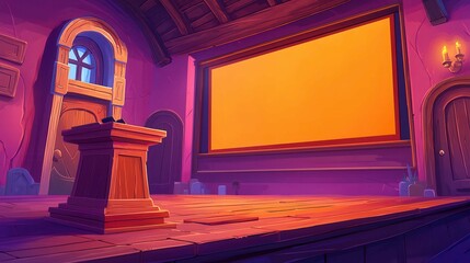 Poster - A vibrant cartoon-style stage with a wooden podium and an orange backdrop, set in a cozy room.