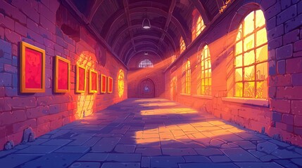 Poster - A beautifully lit gallery with warm sunlight streaming through large windows, casting shadows on the stone walls.