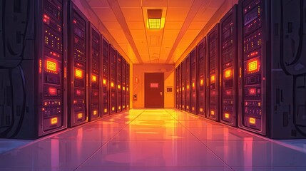 Poster - A vibrant, animated depiction of a server room filled with glowing servers and warm lighting.