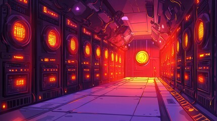 Poster - Futuristic corridor with warm orange lighting and technology panels.