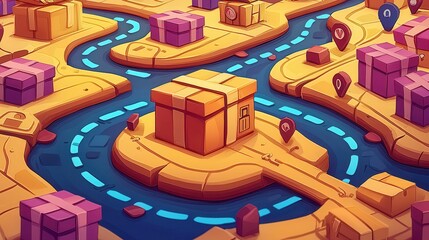Poster - A colorful isometric game map featuring paths, rivers, and delivering boxes in a cartoon style.