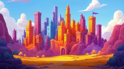Poster - A vibrant fantasy castle landscape with colorful towers under a bright sky.