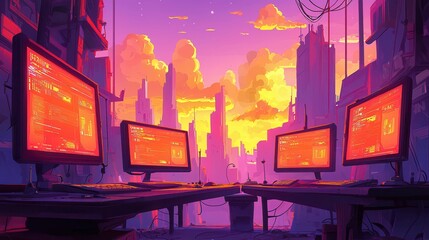 Poster - A futuristic cityscape featuring glowing computer screens at sunset, showcasing a blend of technology and urban scenery.