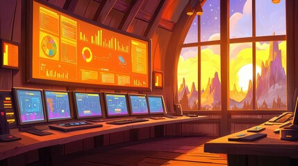 Poster - A cozy office space with multiple screens displaying data and a sunset view over mountains.