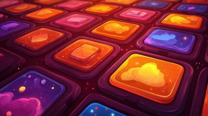 Poster - Colorful abstract shapes arranged in a grid, featuring vibrant orange, purple, and blue hues, creating a dynamic visual effect.