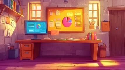 Poster - A cozy office interior with a wooden desk and colorful charts on the wall in a cartoon style.