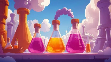 Poster - Colorful beakers set against a vibrant sky, illustrating a whimsical laboratory scene in a cartoon style.
